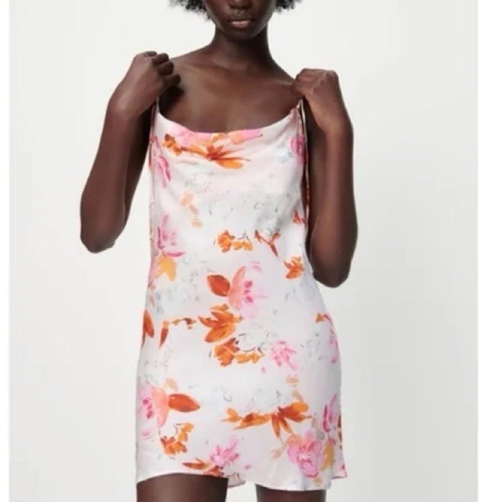 Zara The Safia Slip Dress Floral Satin in Pink and Orange